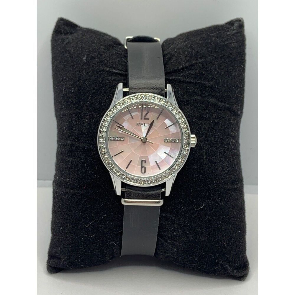 Relic ZR12176 Women's Black Leather Analog Pink Dial Quartz Wrist Watch RU208